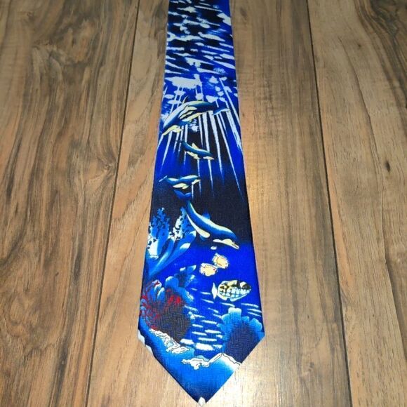 Brother's Hand Made Blue Tie With Dolphins & Marine Life Print - Picture 1 of 7